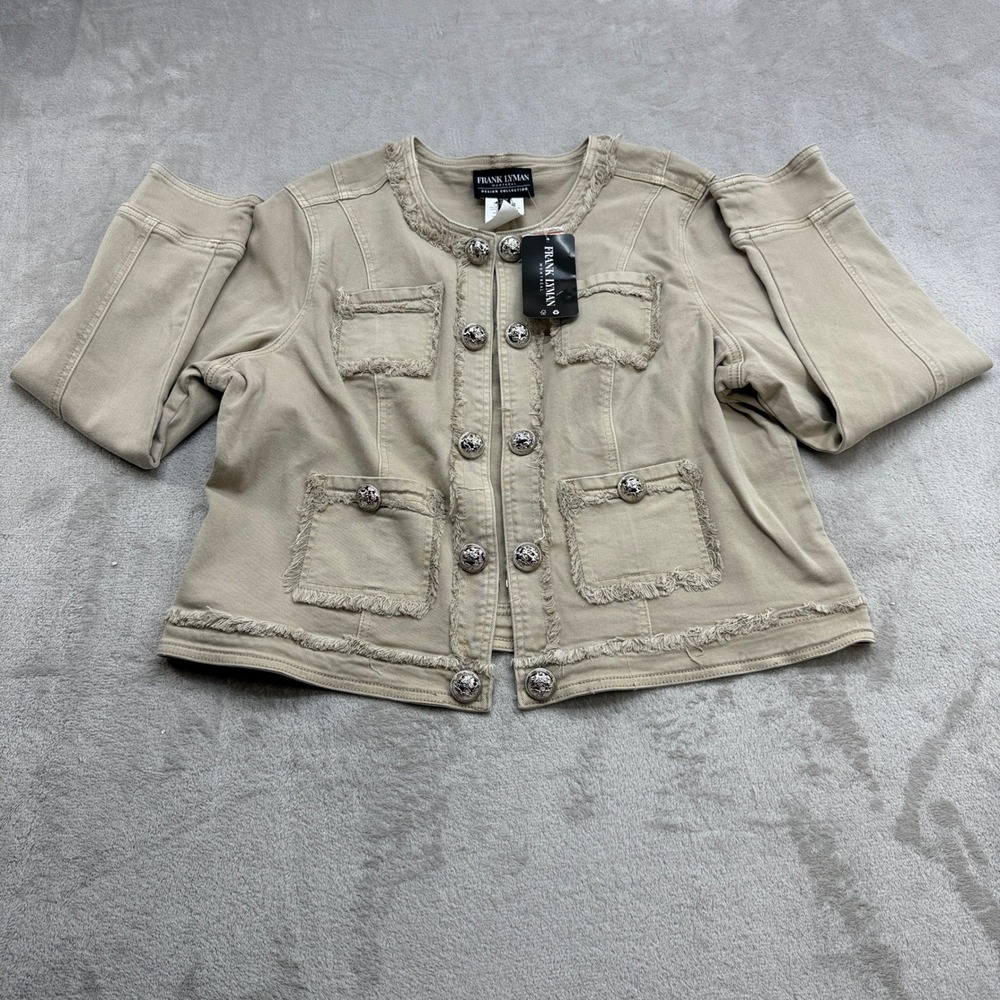 Frank Lyman Jacket Women XL Tan Frayed Lion Head Button Denim Quiet Luxury Chic